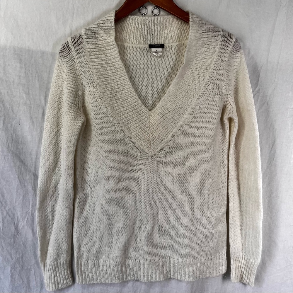 J Crew Pullover Sweater Women Small White Beige Mohair Mix Knit Semi Sheer Y2K